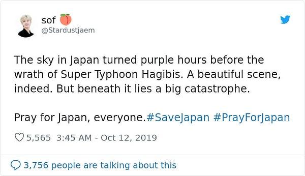"Japonya'da gökyüzü Süper Tayfun Hagibis'in gazabından saatler önce mora döndü. Çok güzel bir görüntü, evet. Ama altında koca bir yıkım yatıyor. Japonya için dua edin millet."