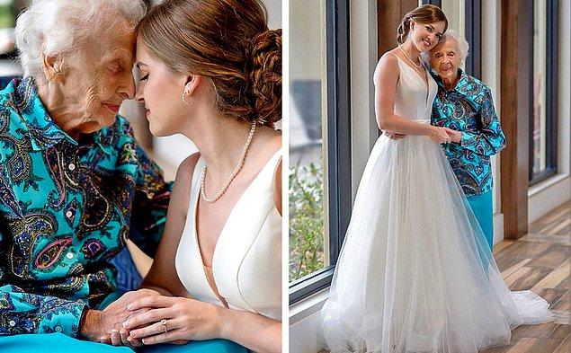 1. Doktorlar 102 yaşındaki bu kadının, torununun düğününü için uçağa binmesinin uygun olmadığını söyledi, bu yüzden torunu ona sürpriz yaptı. Onu gelinlikle ziyaret etti.