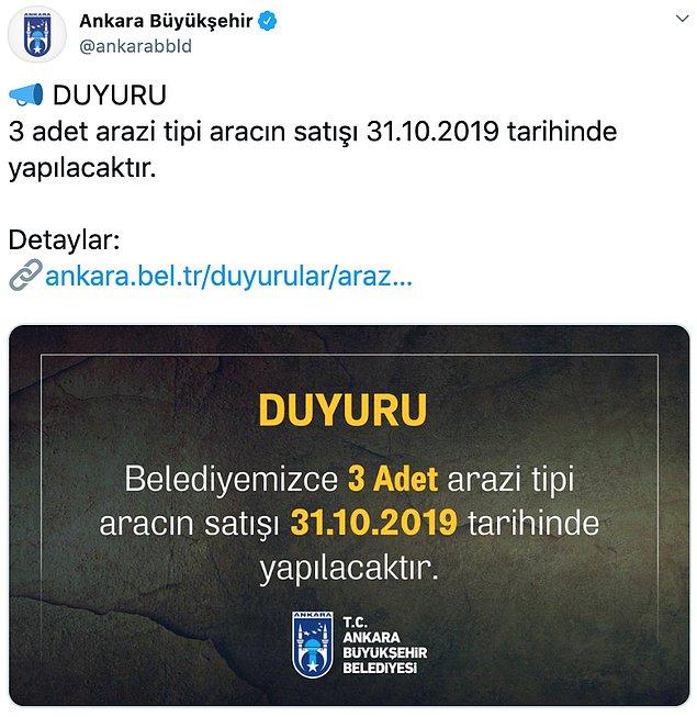 Ankara Büyükşehir Belediyesi, üç lüks cipin satışının 31 Ekim'de yapılacağını duyurdu.