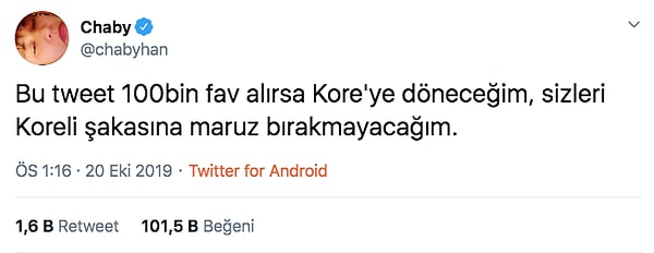 Bir tweet paylaştı. 100 bin fav (beğeni) istedi.