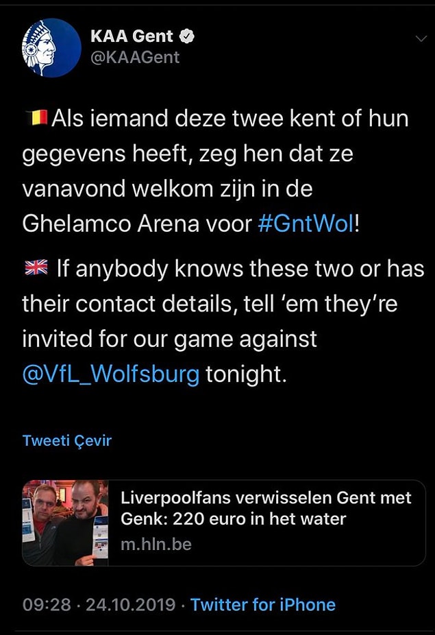 Olayın duyulmasının ardından Gent şehrinin takımı AA Gent, şaşkın taraftarları bu akşam oynanacak Wolfsburg karşılaşmasına davet etti.