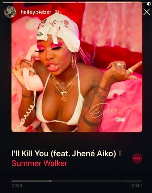 Dün akşam şarkının yayınlanmasından 20 dk sonra Hailey Baldwin Instagram'da 'Seni Öldürürüm' isimli bir şarkı paylaştı.