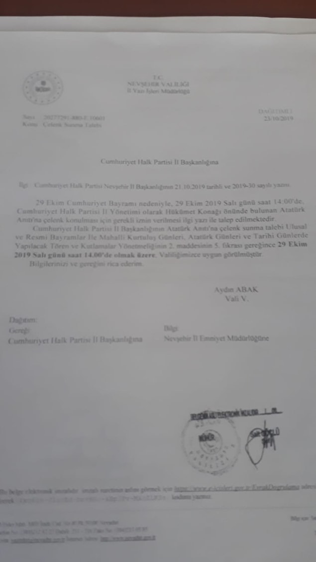 Valiliğin yürüyüş yasağı koymadan önce partinin talebine olumlu yanıt verdiği diğer belge de kamuoyu ile paylaşıldı.