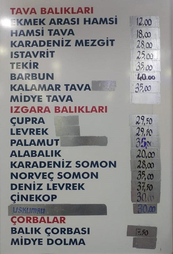 Bu da Kızılay'da bulunan bir balıkçının fiyat listesi.