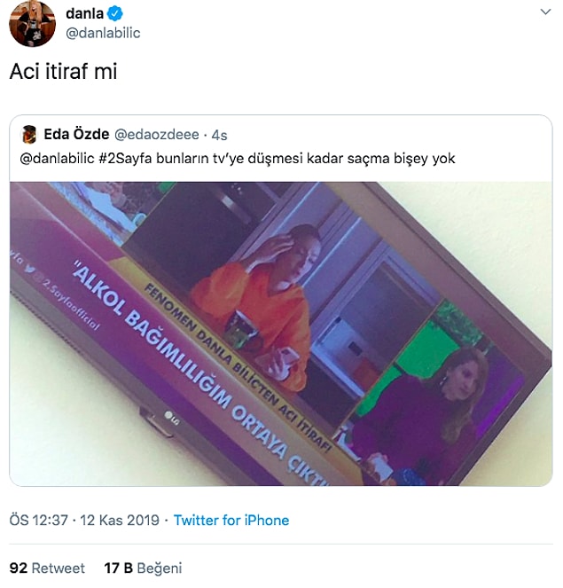 Verdiği cevabın hiç buralara geleceğini tahmin etmeyen Danla Bilic, Müge ve Gülşen'le 2.sayfa magazin programında "Alkol bağımlılığım ortaya çıktı" şeklinde haber konusu olunca sosyal medyada ortalık çok fena karıştı.