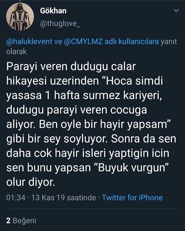 Ancak durumun Haluk Levent'in anladığı gibi olmadığını Gökhan isimli Twitter kullanıcısı şöyle açıkladı ve bu tepkinin yanlış olduğunu da Levent'e şu sözlerle iletti.