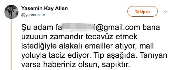 Başarılı oyuncu mail yoluyla taciz edildiğini ve bu tacizcinin kendisini tecavüzle tehdit ettiğini söylemişti.