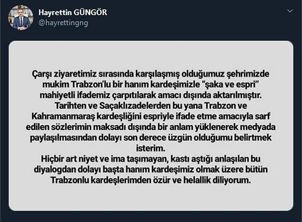 "Trabzonlu kardeşlerimden özür ve helallik diliyorum"