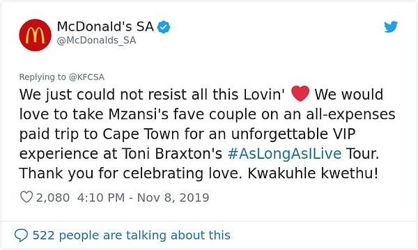 McDonald’s çifti tüm masraflarını karşılayacakları özel bir Cape Town turuna göndermeyi teklif etti.