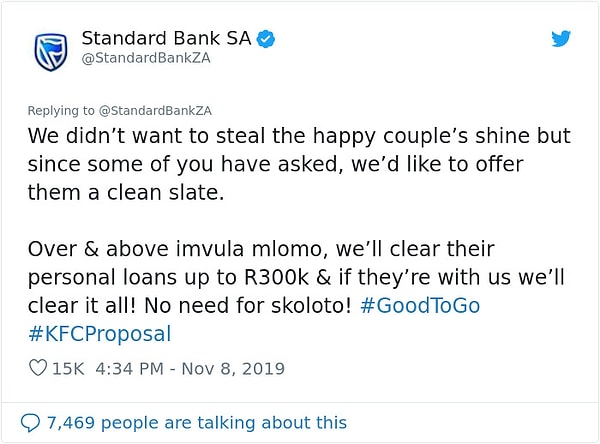 Но самый большой подарок сделал Standard Bank, который предложил простить все долги паре.
