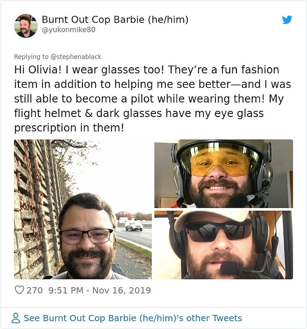 10. "Selam Olivia! Ben de gözlük yakıyorum! Daha iyi görmemi sağlamasının yanı sıra eğlenceli bir aksesuar. Onları takarken pilotluk da yapabiliyorum."