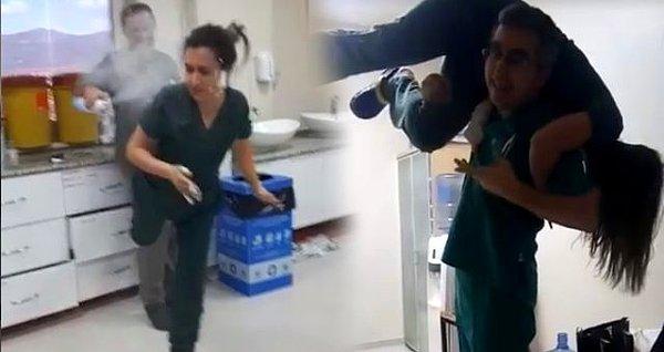 Hastanenin yoğun servisinde çekildiği öğrenilen görüntüler bazı hastane çalışanlarının birbirlerinin üzerine köpük sıkarak eğlendiği görülüyor.
