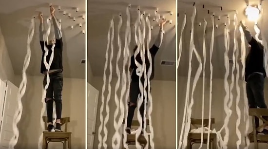 Siz de Yapmak İsteyeceksiniz: Tavana Yerleştirilen Tuvalet Kağıtlarının Açılırken Şelaleyi Andıran Aşırı Rahatlatıcı Görüntüsü!