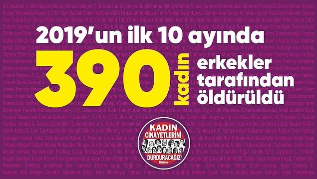 Kadın Cinayetlerini Durduracağız Platformu’nun verilerine göre, 2019’un ilk 10 ayında 390 kadın öldürüldü