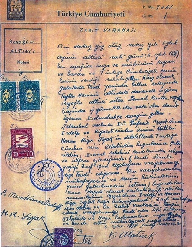 1938 - Atatürk'ün, 5 Eylül'de yazdırdığı vasiyetnamesi açıldı. Atatürk, vasiyetinde; parasının nemasından yakınlarına, manevi evlatlarına aylık, İnönü'nün çocuklarına yüksek öğrenim ödeneği bağlanması koşuluyla parasını ve Çankaya'daki mülkünü CHP'ye bıraktı. Nemadan kalacak miktarın her yıl Türk Dil ve Tarih kurumlarınca paylaşılmasını istedi.