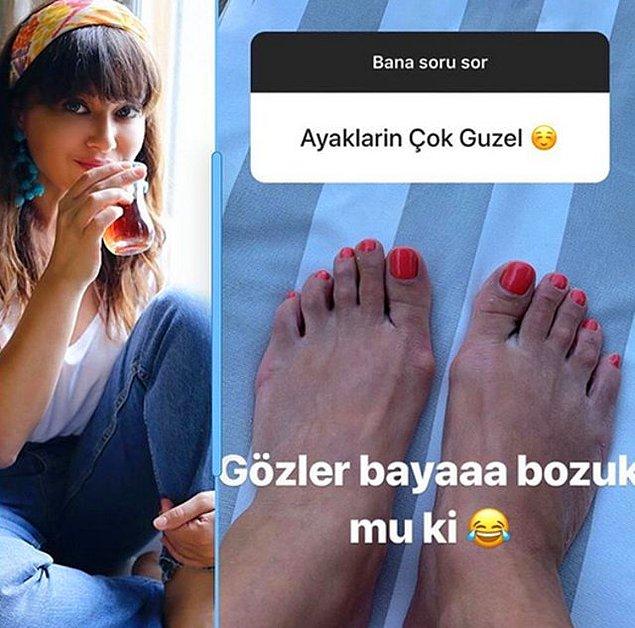 2. Nurgül Yeşilçay'ın Instagram'dan paylaştığı yazlık ayakları ve kendisine gelen övgüyü geri püskürtmesi de gözlerden kaçmasın