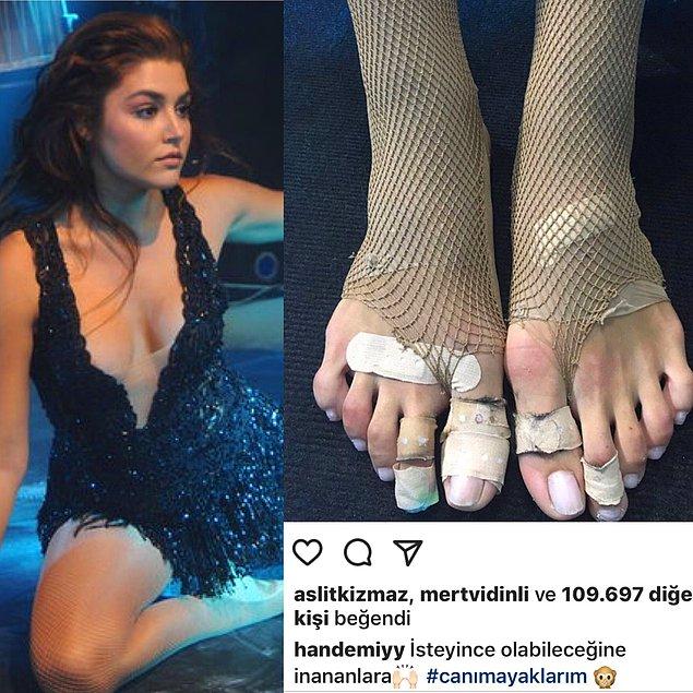 3. Hande Erçel'in özel bir gecede gerçekleştirdiği dans şovu sonrası paylaştığı emektar ayakları...