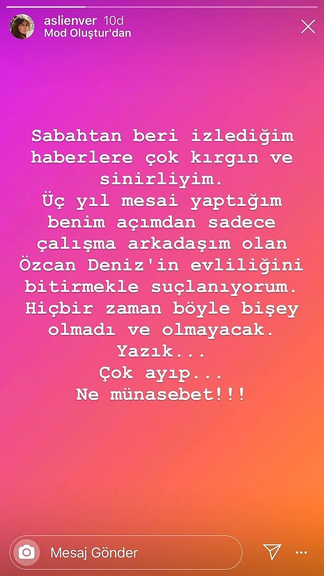 İddialar üzerine Instagram hesabından bir story paylaşan Aslı Enver bir açıklama yaptı ve suçlamaları kabul etmediğini söyledi.