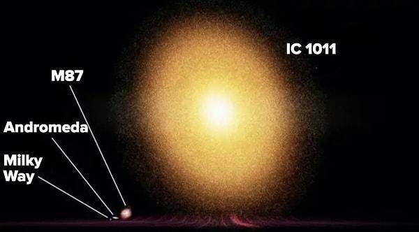 22. Fakat galaksimiz bile diğer galaksilerle karşılaştırıldığında bir cüce olmaktan ileri gidemiyor. Bu Samanyolunun, IC 1001 ile kıyaslanmış hali, Dünya'dan 350 milyon ışık yılı uzaklıkta bir galaksi…