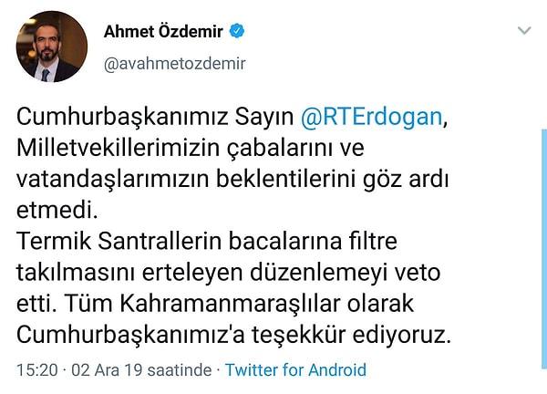 Vetonun ardından, tasarıyı TBMM'den geçiren AKP milletvekilleri, Cumhurbaşkanı Erdoğan'a 'teşekkür' mesajları yazmaya başladı.