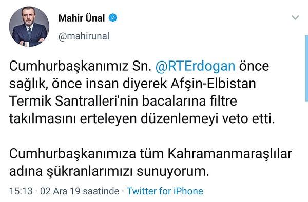 Oylamaya katılmayan Mahir Ünal da Erdoğan'a teşekkür edenler arasında yer aldı.