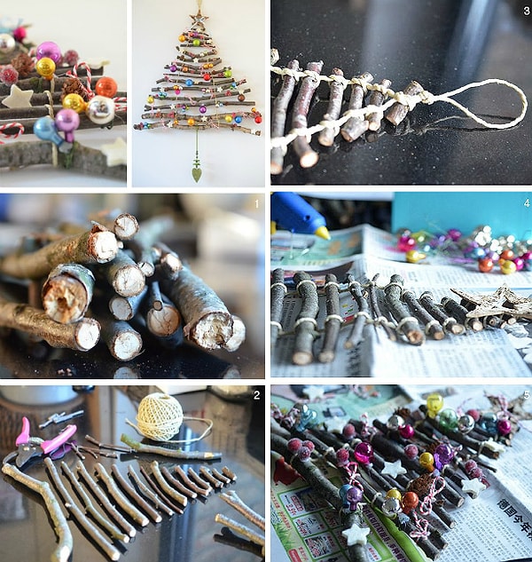 2. Также можно сделать елку из веток разной длины, связав их между собой веревкой.