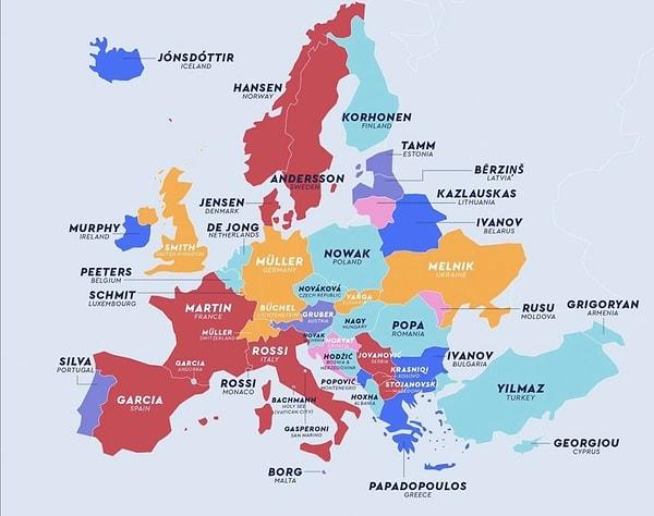 16. Hans'ın soyadını öğrendik... Avrupa'da en sık kullanılan soyadları bu haritada, Türkiye'nin sonucunu zaten biliyorsunuz. 🤓