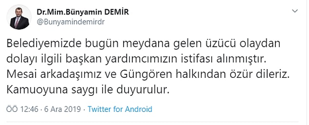 "Başkan Yardımcısı’nın istifası alındı"