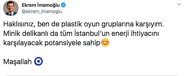 Ardından İmamoğlu kendi hesabından şu yanıtı verdi.