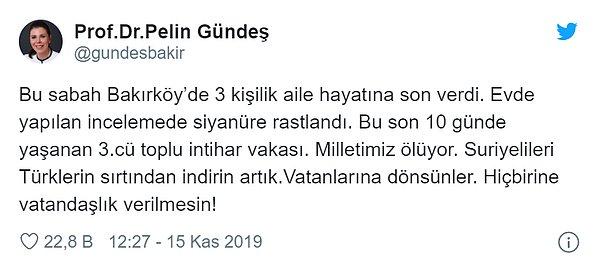 Prof. Dr. Gündeş 15 Kasım'da paylaştığı 'Suriyelileri Türklerin sırtından indirin' mesajının ardından dün AKP'den ihraç edildi.