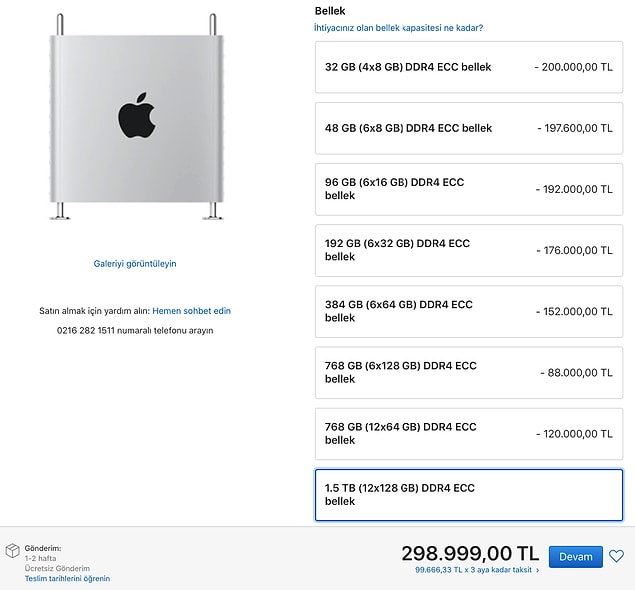Tabii bellek ihtiyacını da unutmamak lazım. DDR4 teknolojisi ile karşımıza çıkacak olan Mac Pro masaüstü bilgisayarda hemen aşağıdaki seçeneklere göre yükseltme yapabilirsiniz.