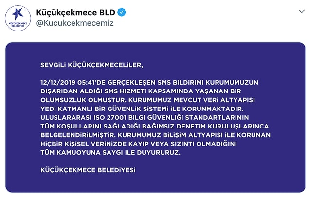 Belediye açıklamasında, durumun bir hack değil, dışarıdan alınan SMS hizmeti sonucu yaşanan 'olumsuzluk' olduğunu paylaştı.