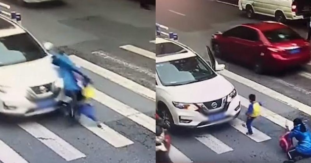 Yaya Geçidini Kullandıkları Sırada Kendisine ve Annesine Çarpan Arabayı Tekmeleyerek Tepkisini Gösteren Çocuk!