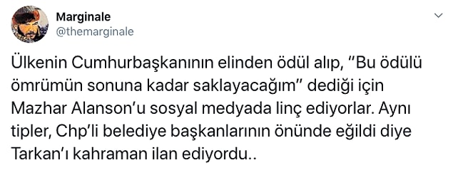 1. Cumhurbaşkanı Recep Tayyip Erdoğan'dan aldığı ödülü ömrünün sonuna kadar saklayacağını söyleyen Mazhar Alanson'a sosyal medyadan hem destek hem de tepki yağdı. İşte o paylaşımlar...