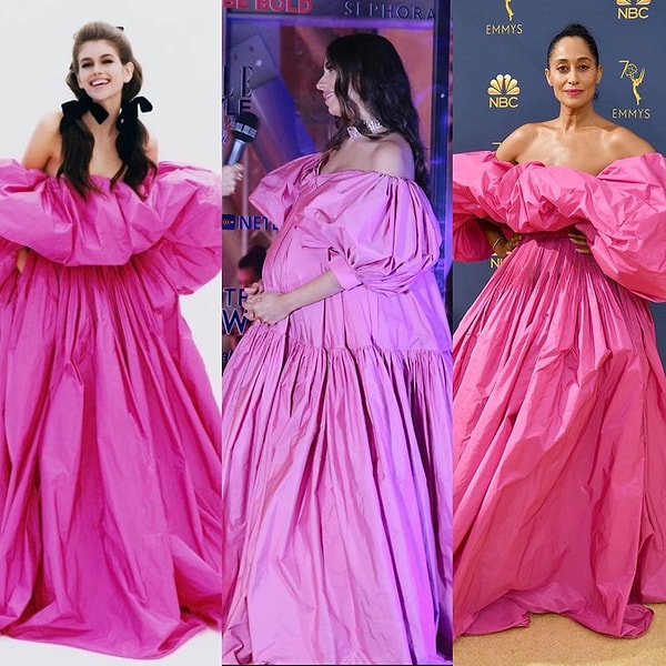16. Rachel Araz'ın pembe Özgür Masur tasarımı elbisesi Valentino esintileri taşıyordu.