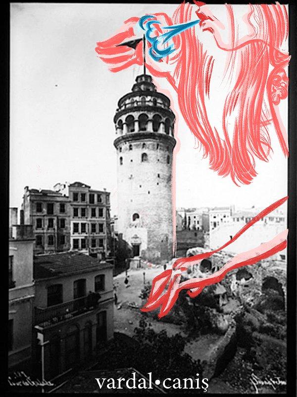 Galata Kulesi'nin tarihi fotoğrafına yaptığı bu eser çok farklı bir esinti katıyor.