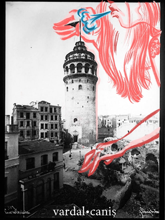Galata Kulesi'nin tarihi fotoğrafına yaptığı bu eser çok farklı bir esinti katıyor.