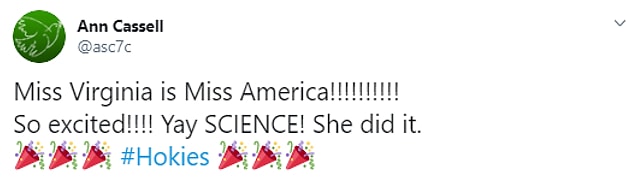 "Miss Virginia artık Miss America!!! Çok heyecanlıyım!!! Yaşasın BİLİM!!! Başardı. 🎉🎉🎉🎉"