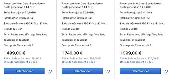 Macbook Pro 13 inç (1. 499 € Fransa)