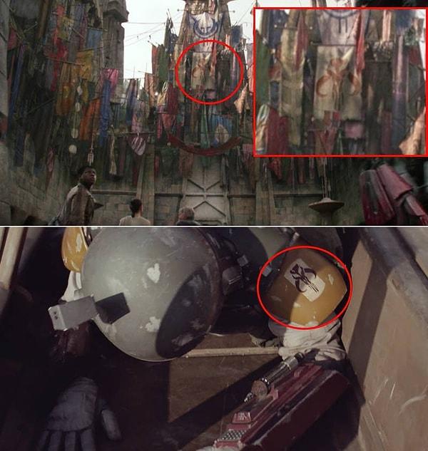 5. The Force Awakens'da Maz Kanata'nın kalesinin ön kapısında asılan duran bayrakların birinde Mandalorian kafatası var.