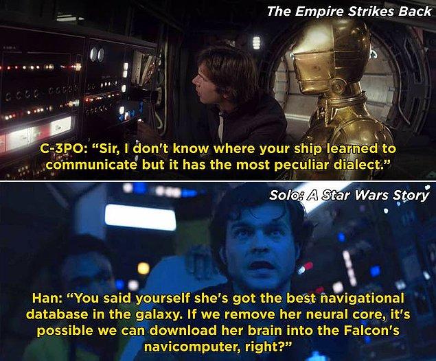 20. The Empire Strikes Back'te C-3PO, Han'a Falcon'ın ilginç bir dili olduğunu söylüyor. Solo'da da, Lando'nun çok sevdiği droidi L3-37'ın bilincinin, Falcon'a yüklendiğini öğreniyoruz.