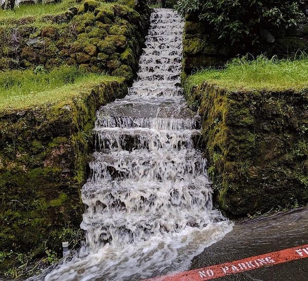 3. "Fazla yağıştan dolayı merdivenler şelaleye dönmüş."