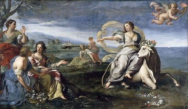 Europa’nın yanına yaklaşmasını fırsat bilen Zeus, kendine yere atar ve genç kızı sırtına binmesi için teşvik eder adeta.