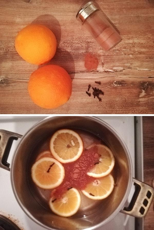 2. Herhangi bir kokudan kurtulmak için portakal dilimlerini baharatlarla kaynatın.