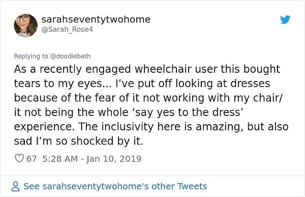 Bu tweetin ardından tekerlekli sandalye kullanan birçok insan daha önce böyle bir şey görmedikleri için üzüldüklerini dile getirdi.