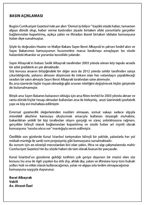 Cumhuriyet Gazetesinden Kanal İstanbul İddiası: 'Berat Albayrak'ın Proje Güzergahında Arazisi Ortaya Çıktı'