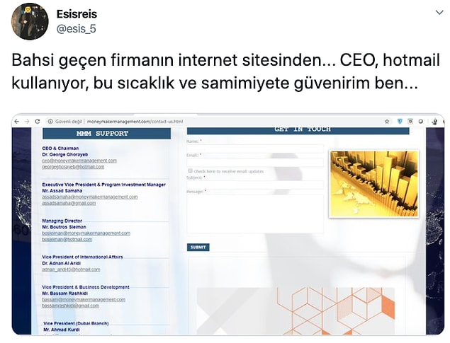 Bir diğer ilginç durum da milyar dolarlar yönettiğini iddia eden şirketin CEO'sunun Hotmail kullanması.