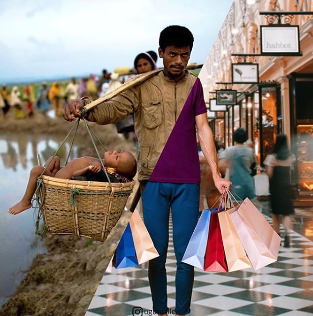 21. Sepetinde oğlunu taşıyan Rohingyalı mülteci baba.