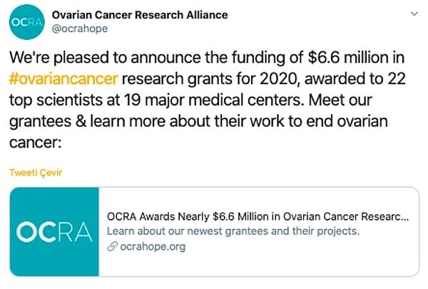 ABD’de kanser araştırmalarına destek veren OCRA Vakfı, her yıl bilim insanlarını bu alanda gösterdikleri başarılardan dolayı ödüllendiriyor.