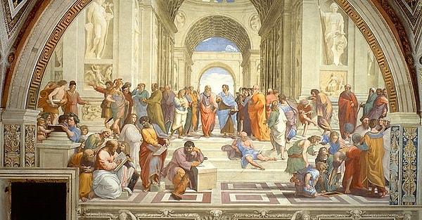 7. Raffaello Sanzio'nun 'SCHOOL OF ATHENS – Atina Okulu' adlı bu eserinde ilk gözünüze çarpan kısım nedir?